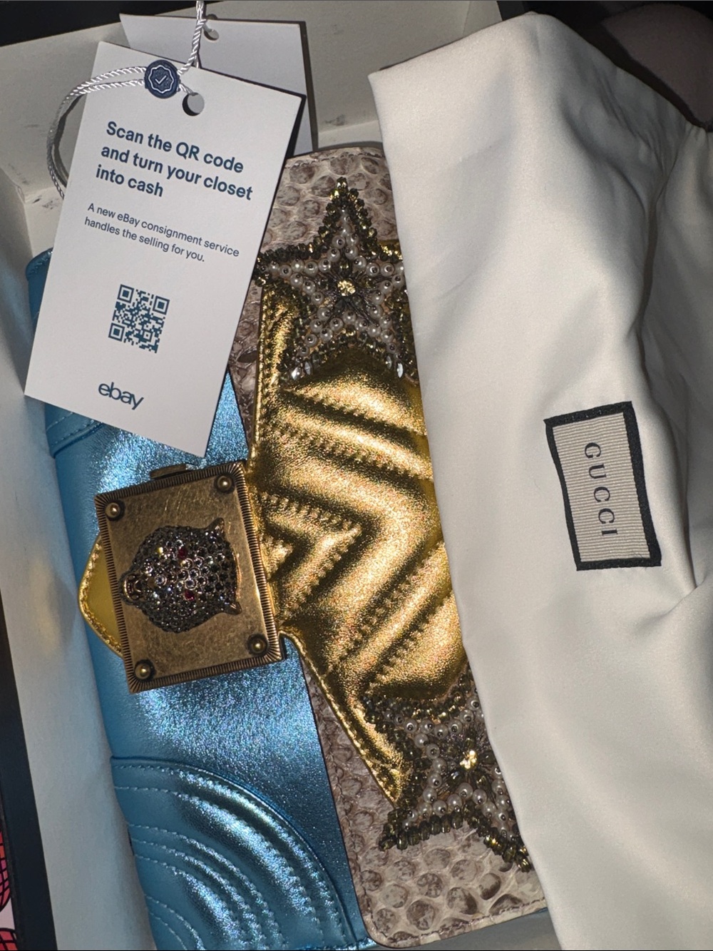 NWT Gucci Metallic Blue and Gold and SNAKESKIN BROADWAY BAG FULL INCLUSION